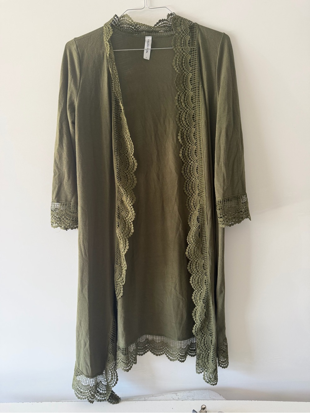 Tickled Teal Olive Lace-Trim Open Cardigan